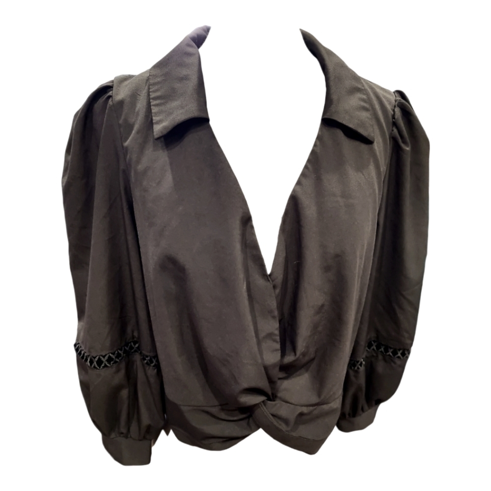 Milk & Honey Black V-Neck Puff Sleeve Tie Blouse - Picture 3 of 8
